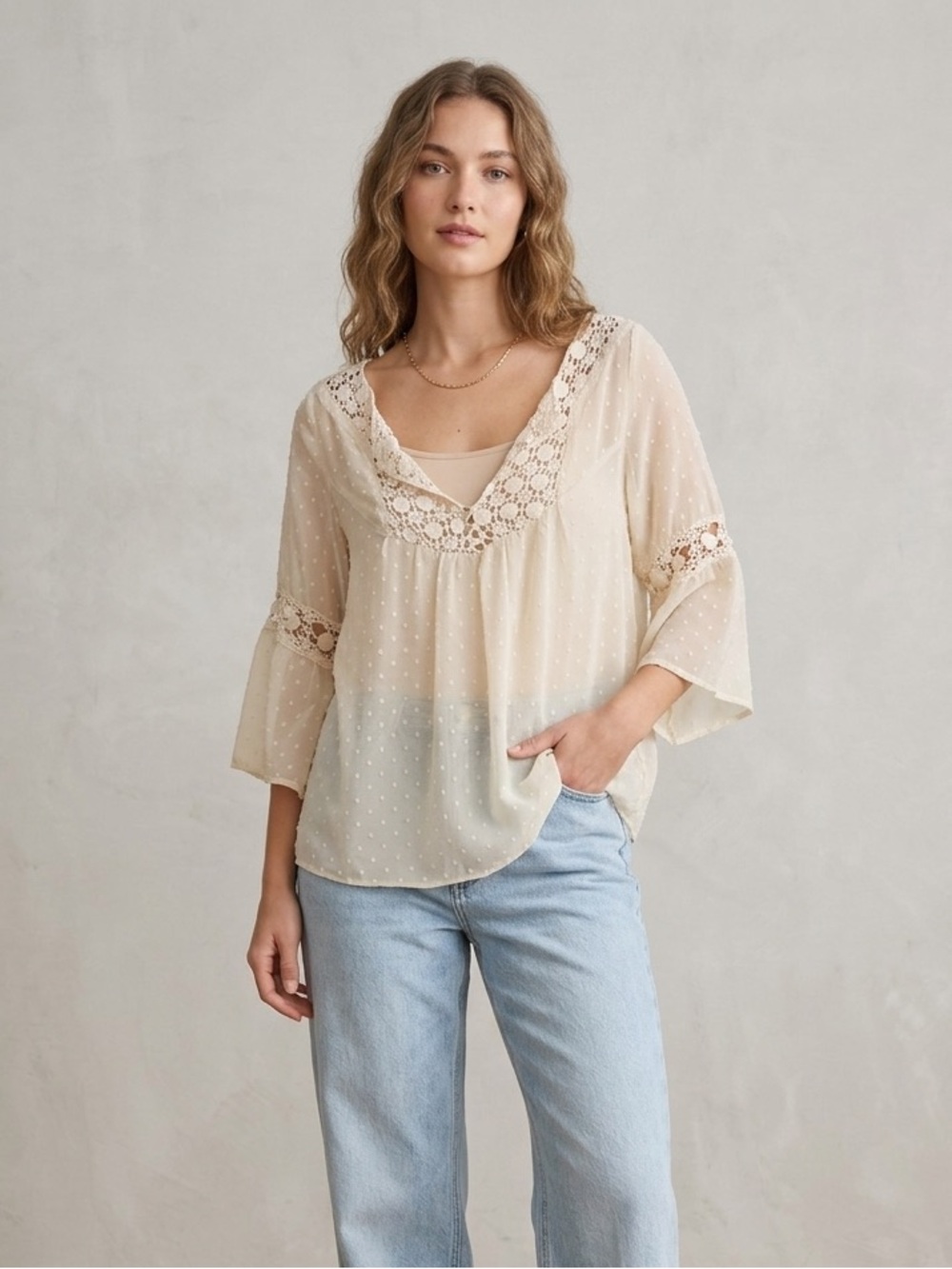 Costa Blanca Sheer Boho Chic Dot Crochet Trim Cream V-Neck Blouseโ Size Large